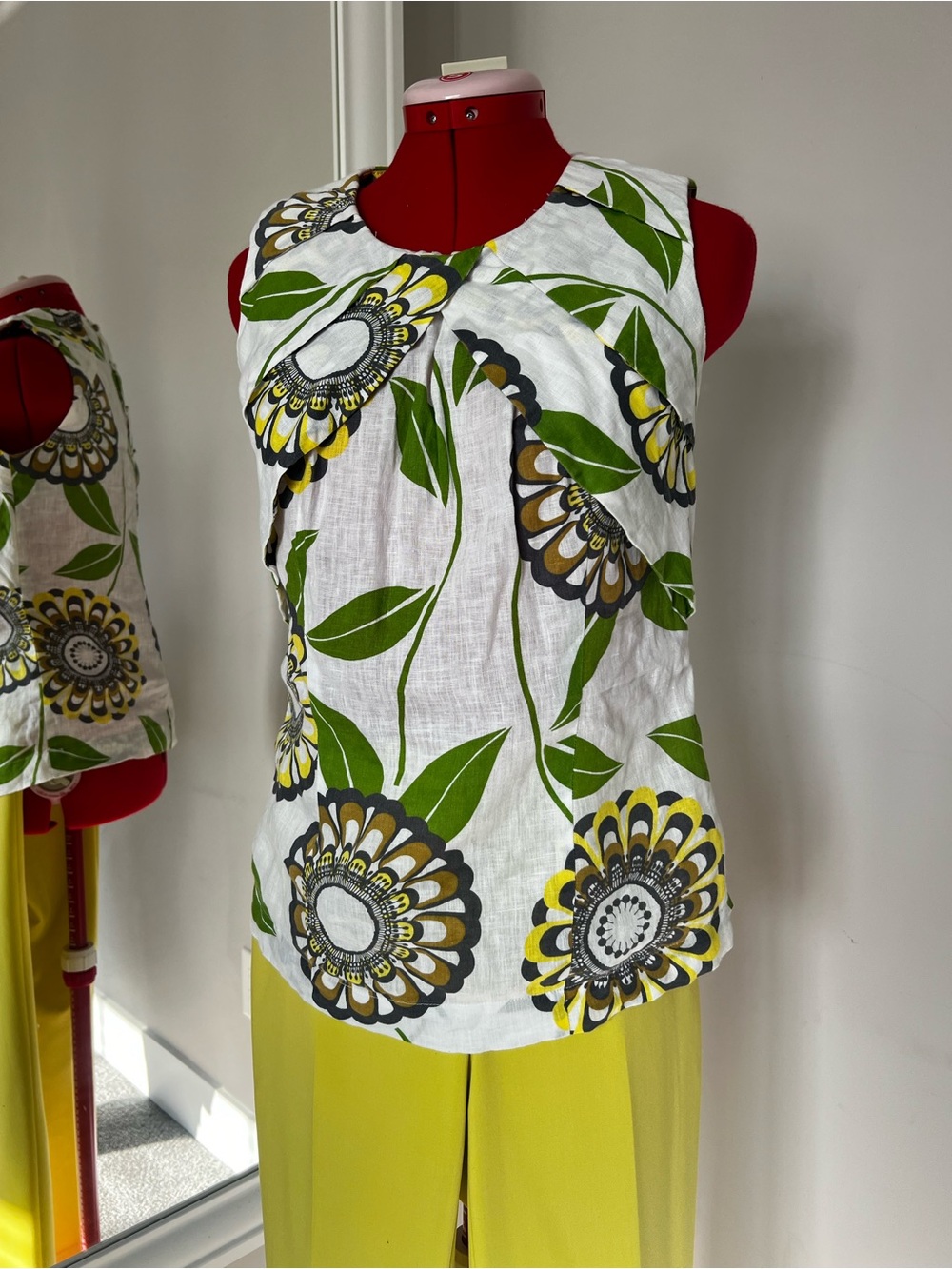 next White Floral Sleeveless Tank with Green and Yellow Print
